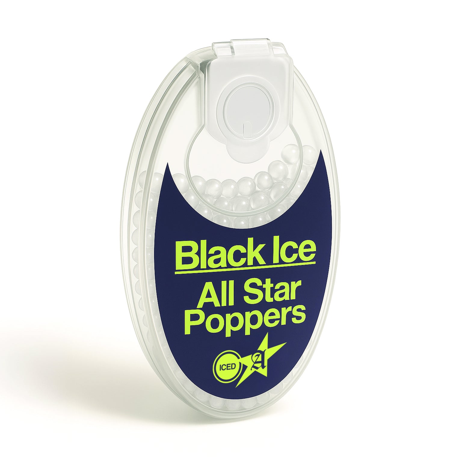 Close-up front view packaging of All Star Black ice (super minty) cigarette popper balls showing 100-count pack.