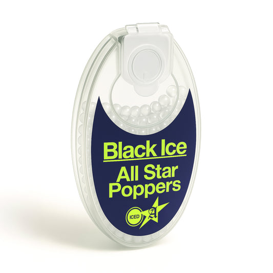 Close-up front view packaging of All Star Black ice (super minty) cigarette popper balls showing 100-count pack.