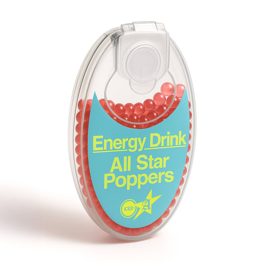Close-up front view packaging of All Star Energy drink (red bull) cigarette popper balls showing 100-count pack.