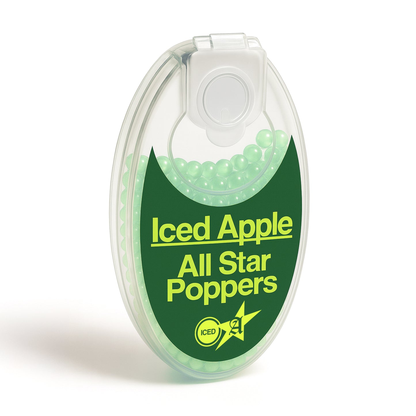 Close-up front view packaging of All Star iced fruity apple cigarette popper balls showing 100-count pack.