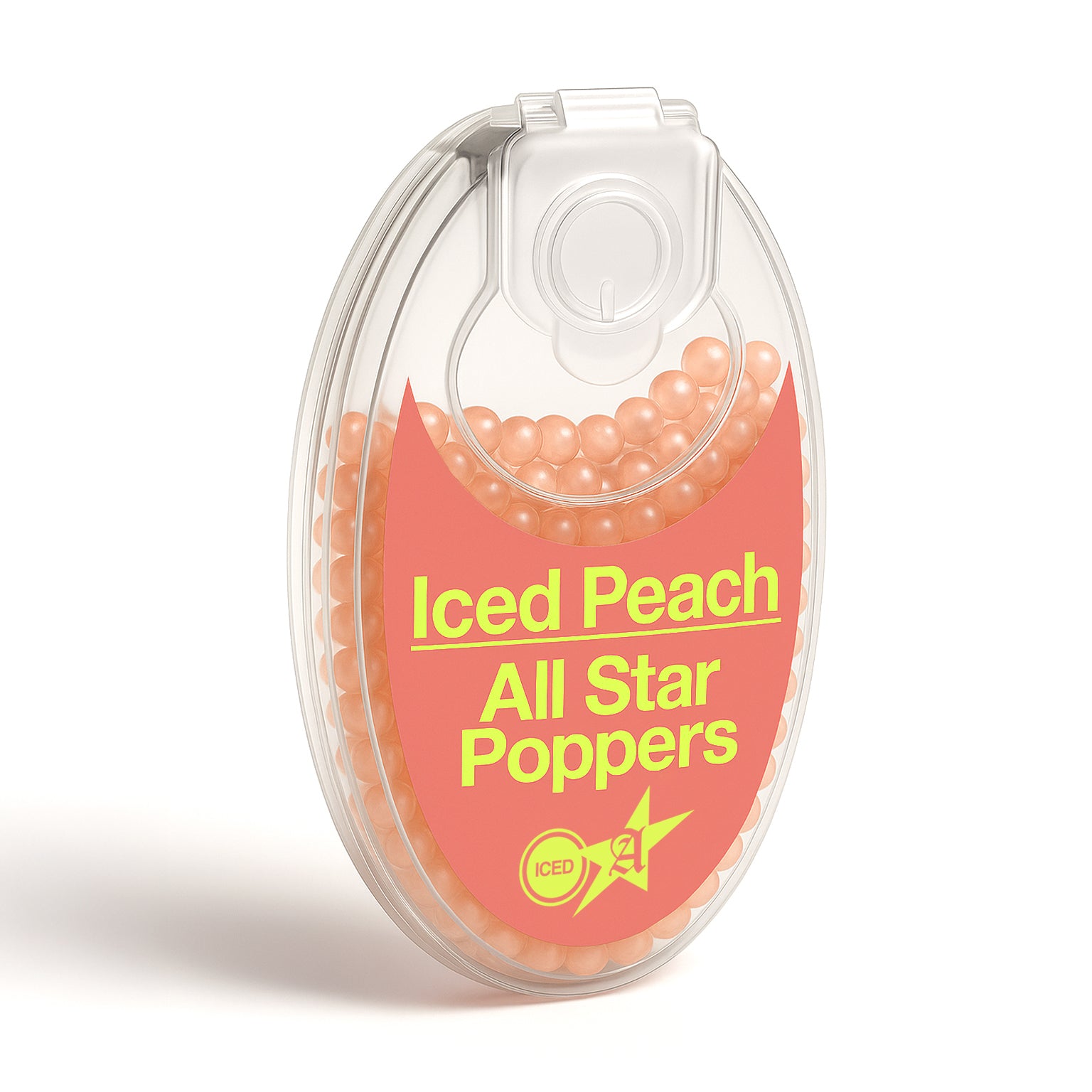 Close-up front view packaging of All Star iced fruity peach cigarette popper balls showing 100-count pack.