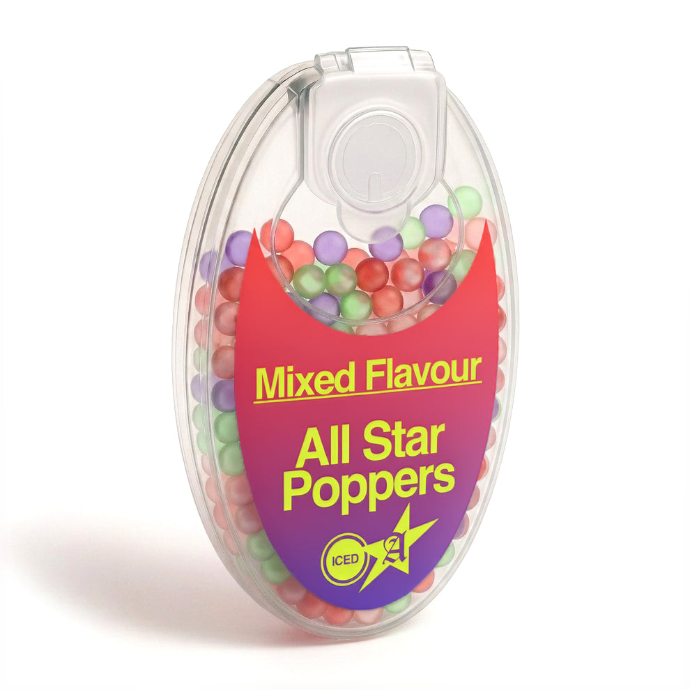 Mixed pack of fruity cigarette crush balls 100-ball pack from All Star Poppers: front view