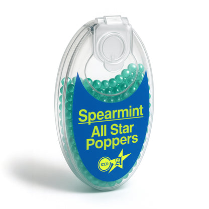 Close-up front view packaging of All Star iced Spearmint cigarette popper balls showing 100-count pack.