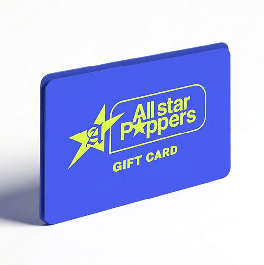 All Star Cigarette Poppers Gift Card blue card on white background with light shadow