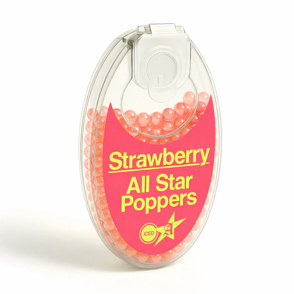 Iced Strawberry cigarette crush balls 100-ball pack from All Star Poppers: front view