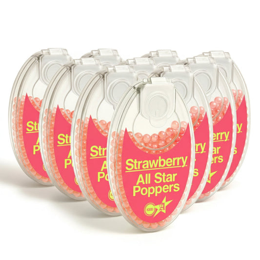 All star poppers cigarette crush balls 10 pack 1000 pieces of fruity strawberry crush balls pink and fluro green label in front of white background