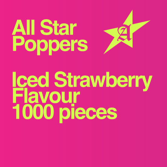 All Star Poppers - Cigarette Crush Balls - Iced Strawberry 10 Pack (1000 Balls) fluro green text on pink background with star logo