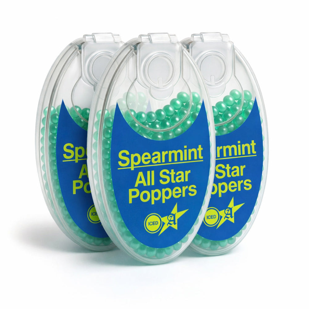 All Star Poppers - 3 Packets of spearmint menthol Cigarette Crush Balls -300 balls in total blue and green label on the package with white background