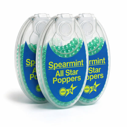 All Star Poppers - 3 Packets of spearmint menthol Cigarette Crush Balls -300 balls in total blue and green label on the package with white background
