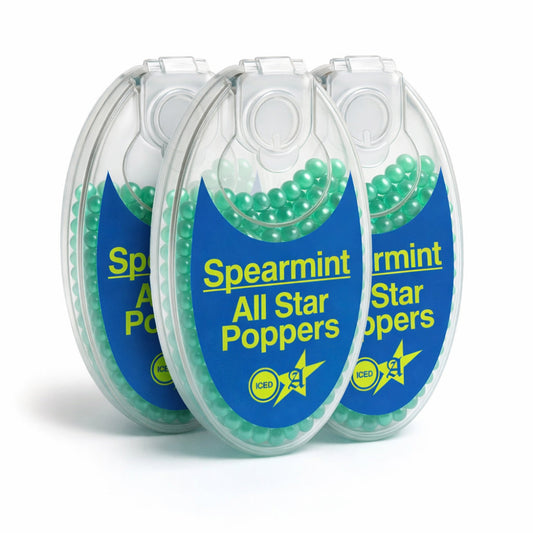 All Star Poppers - 3 Packets of spearmint menthol Cigarette Crush Balls -300 balls in total blue and green label on the package with white background